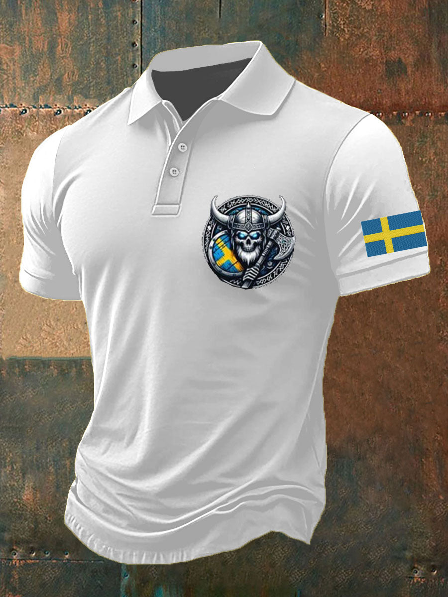 Herrpolo med svensk vikingastil och tryckt mönster