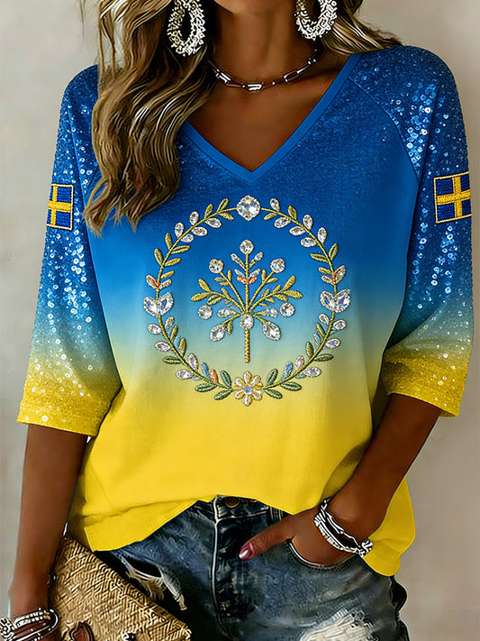 Retro Svensk Midtsommer Kunsttrykk Avslappet Topp til Dame