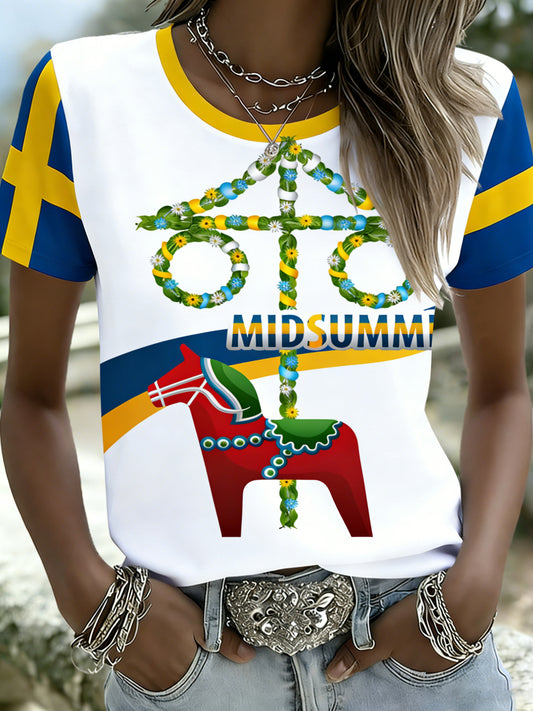 Dame svensk midtsommerfest-minnetrøye med trykk