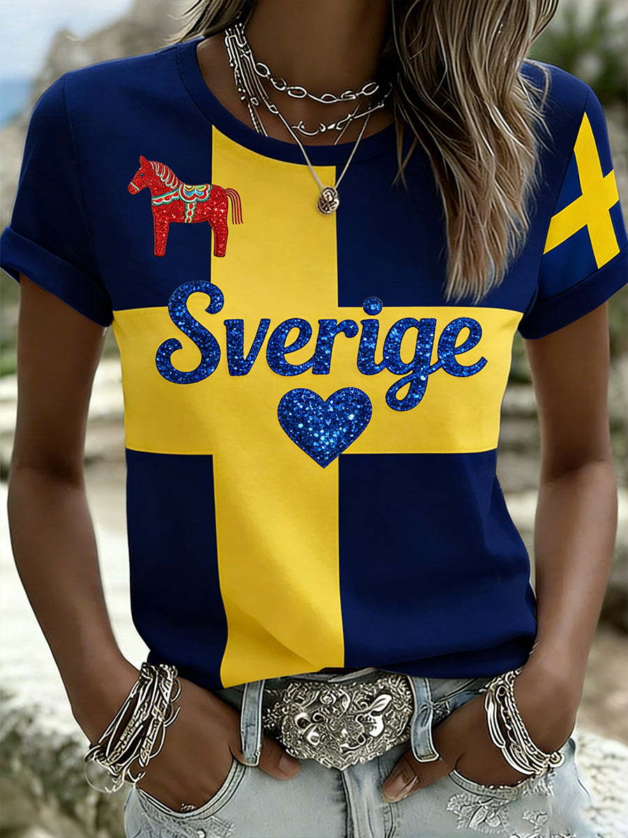 Kvinnor Retro Svenska midsommarkonst Skriv ut Casual T-shirt