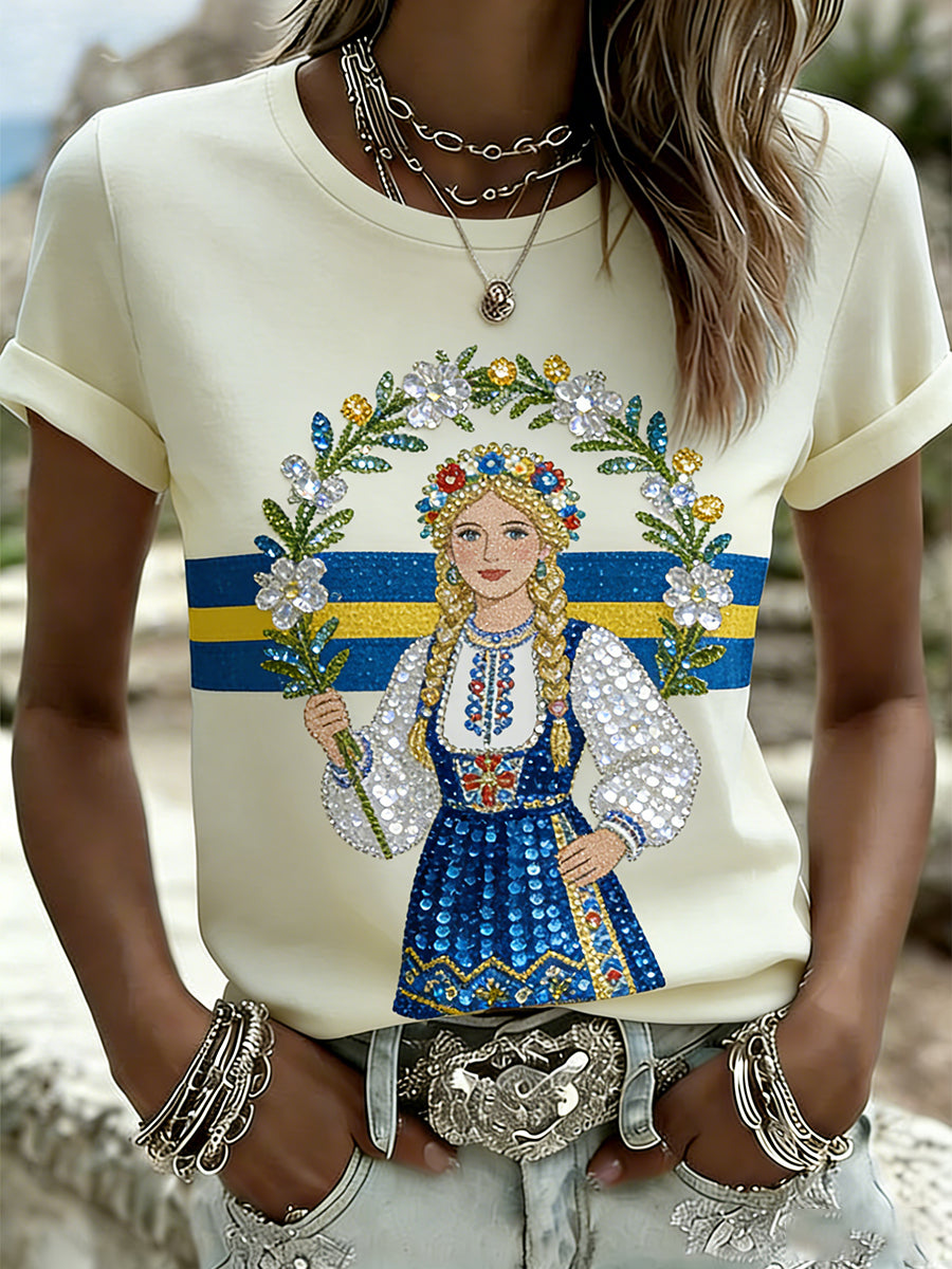 Dams retro svensk midsommarkonsttryck avslappnad t-shirt