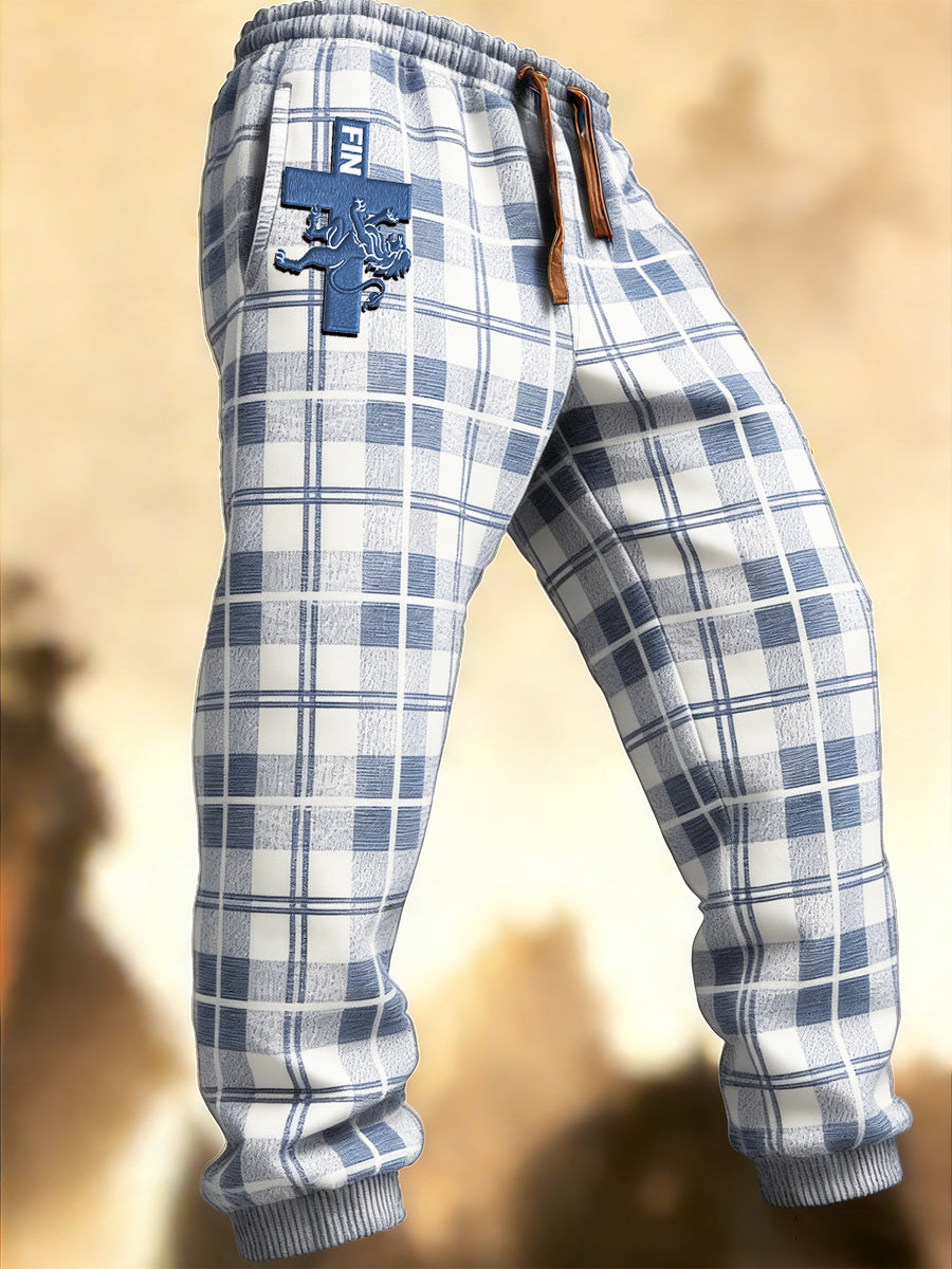 Mäns finska Check Print Casual Byxor