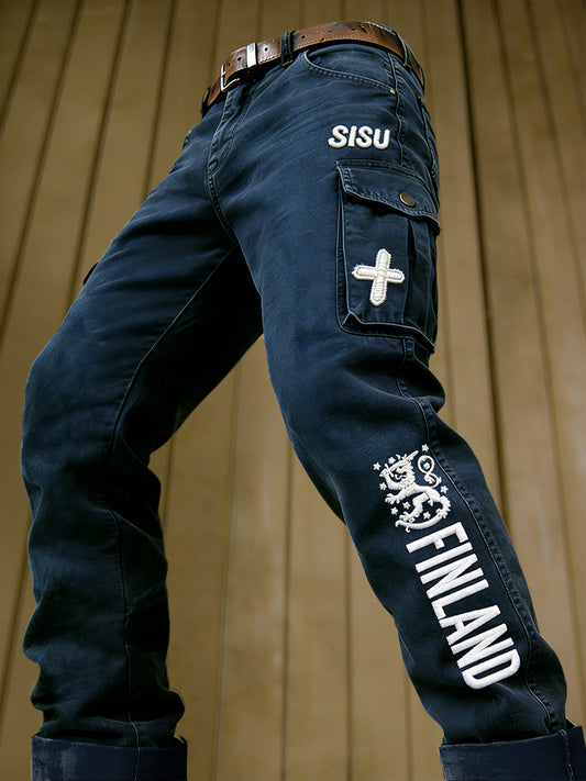 Mäns mörkblå Finska Sisu Skriv ut mode Casual Work Byxor