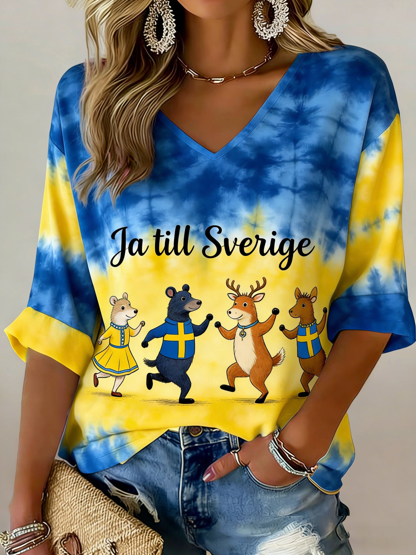 Damer Svensk midsommardagsminneskonsttryckt t-shirt