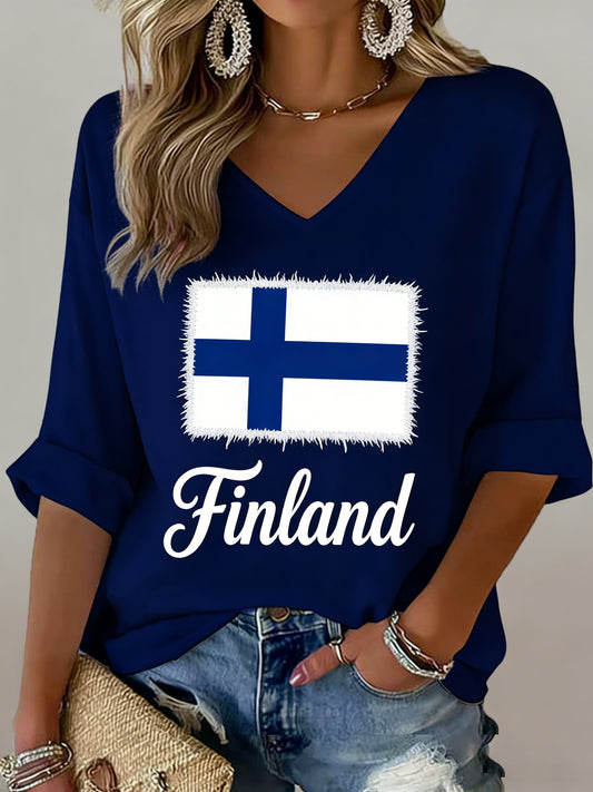 Dame finsk flaggfargekunsttrykk T-skjorte