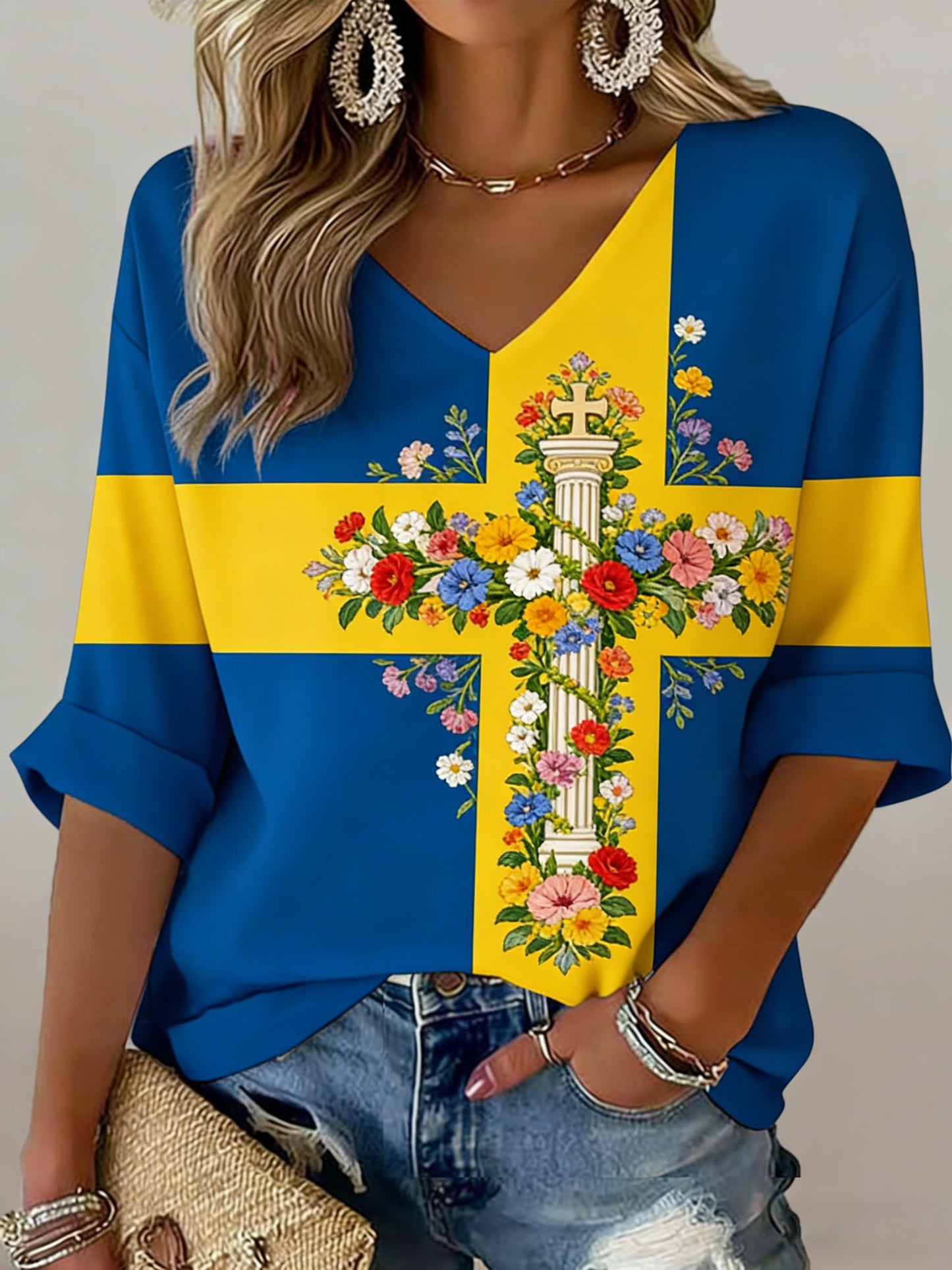 Damer Svensk midsommardagsminneskonsttryckt t-shirt