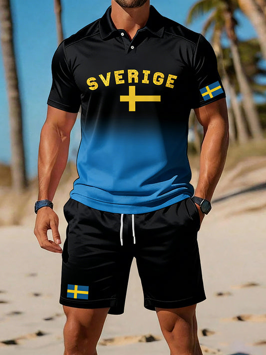 Retro svensk kunsttrykk avslappet polo- og shortssett