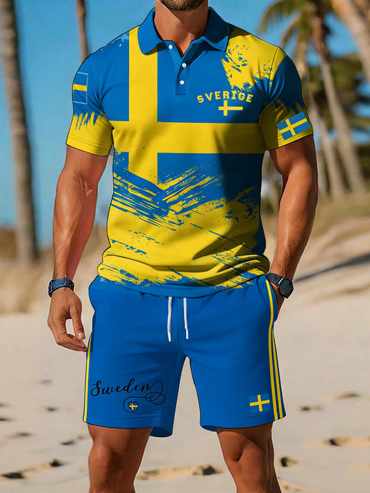 Retro svensk kunsttrykk avslappet polo- og shortssett