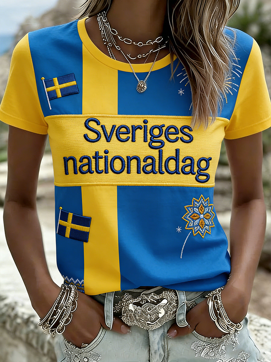 Kvinnors etniska stil färgblock Skriv ut Casual besättning hals T-shirt