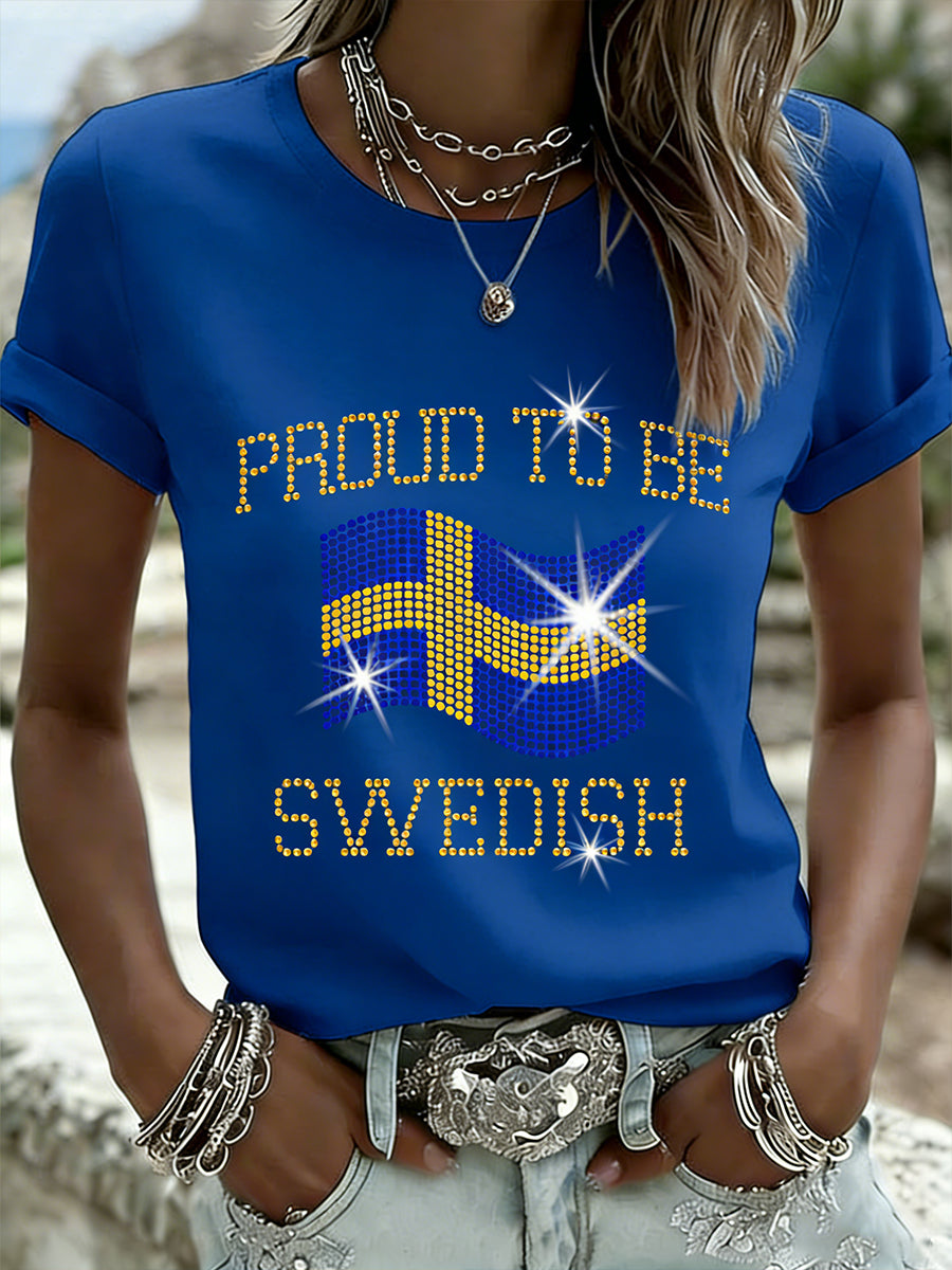 Dams T-shirt i etnisk stil med färgblocktryck, avslappnad modell med rund halsringning