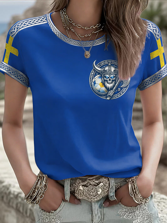 Dame Sverige Vikingstil Fotballlærd trykket T-skjorte