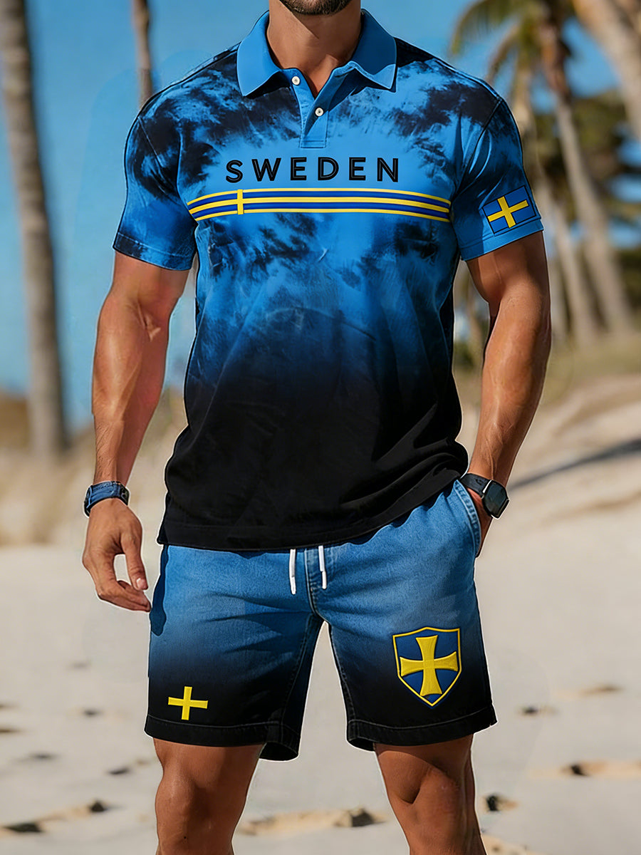 Retro Swedish Art-Style Print Casual Polo & Shorts Set