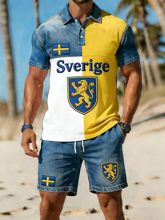Retro svensk kunsttrykk avslappet polo- og shortssett