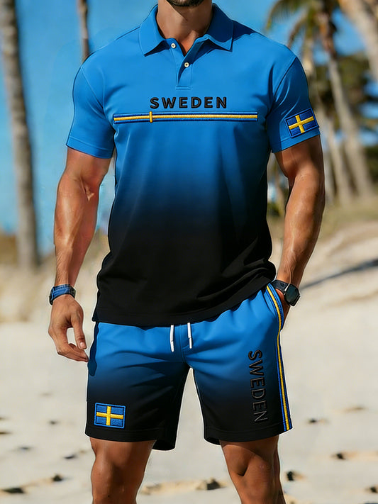 Retro svensk kunsttrykk avslappet polo- og shortssett
