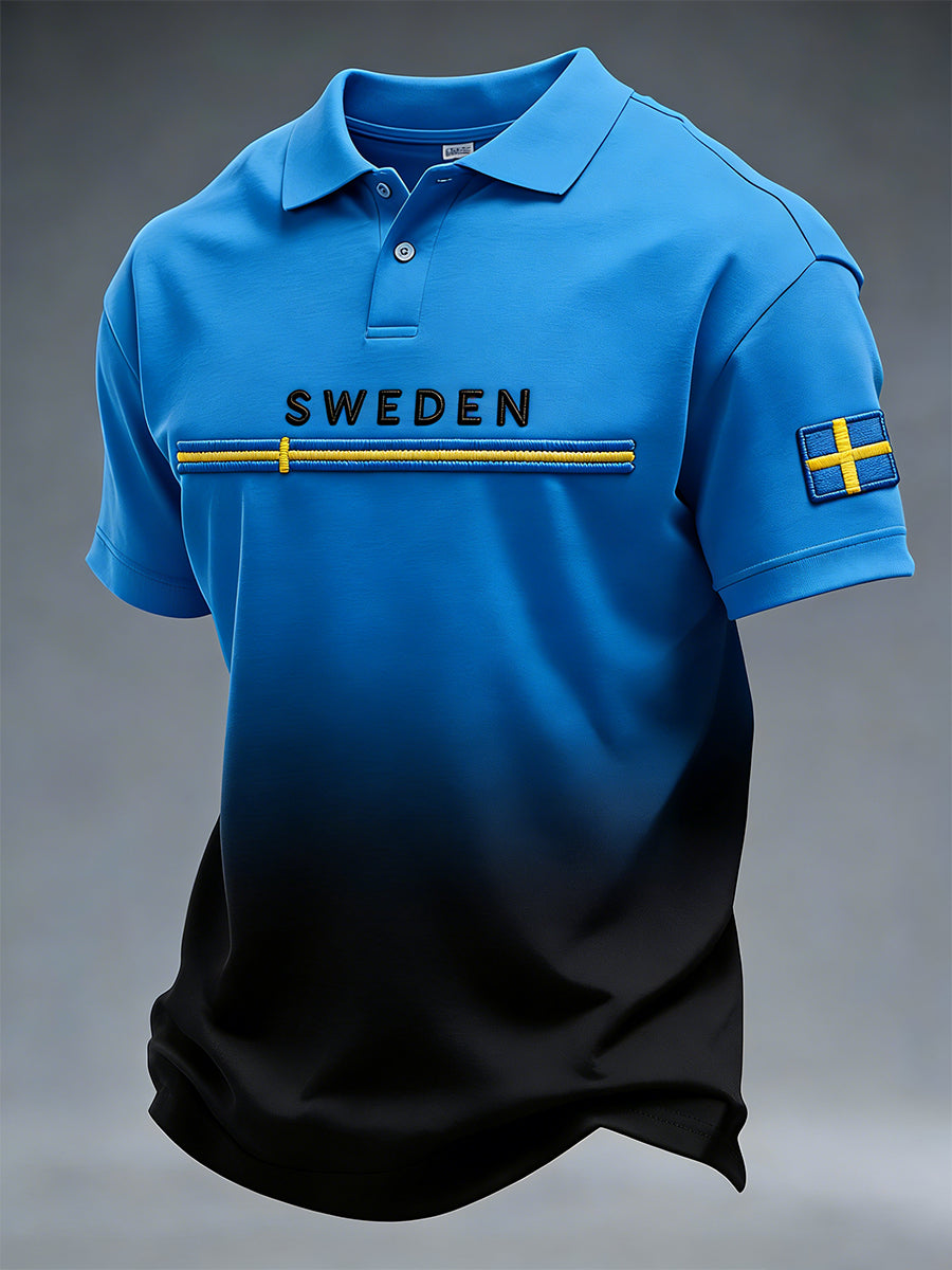 Retro Swedish Art-Style Print Casual Polo Skjorta