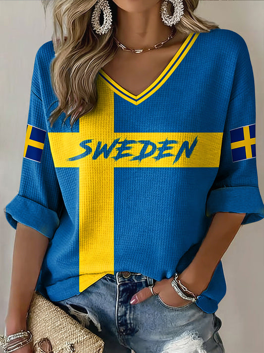 Dame retro svensk 2026 fotballkors vaffelmønstret topp