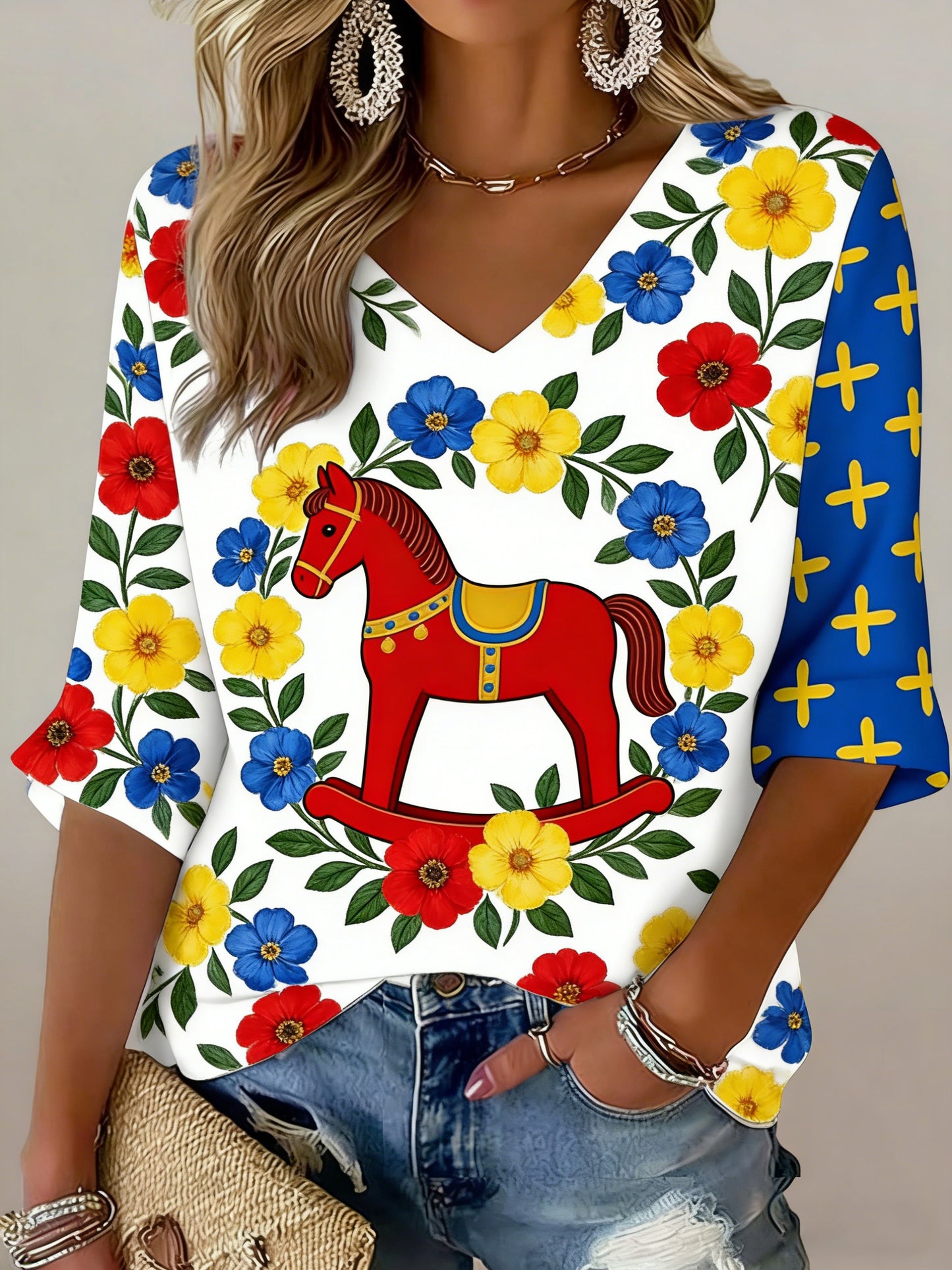 Damer Svensk midsommarfest minnes-Dalahäst tryckt V-ringad t-shirt