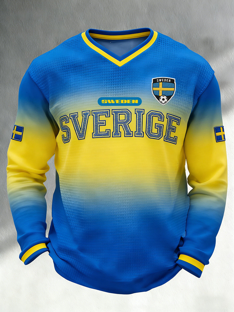 Herrtröja i waffelstickat tyg med fotbollsmotiv, färgblockad design, v-ringning och långa ärmar
