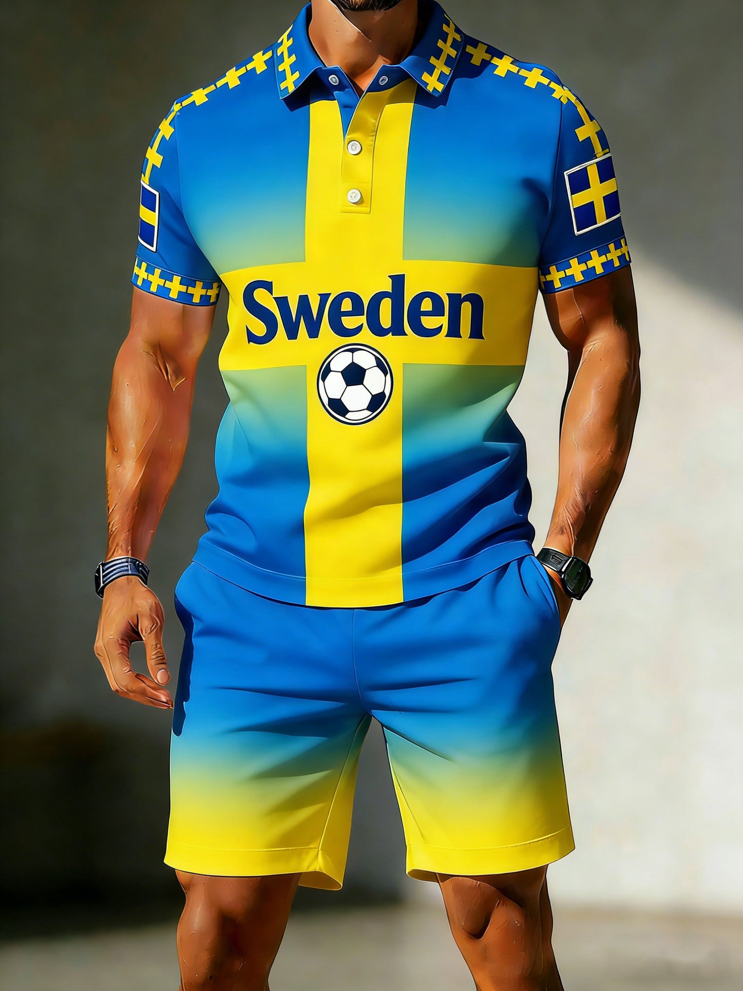 Herrset med polotröja och shorts för svensk fotbollsmatch, tilljubande