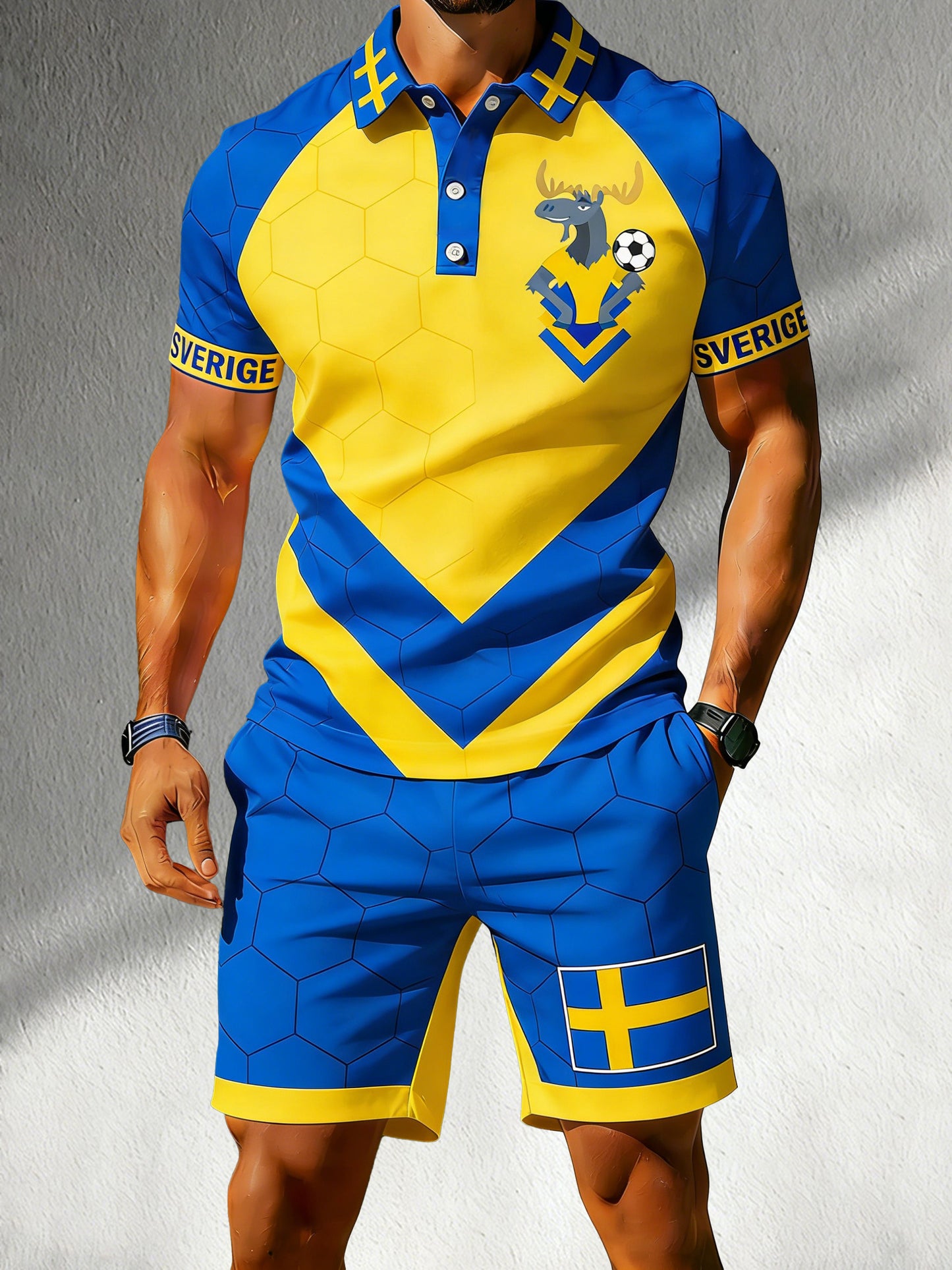 Herrset med polotröja och shorts för svensk fotbollsmatch, tilljubande