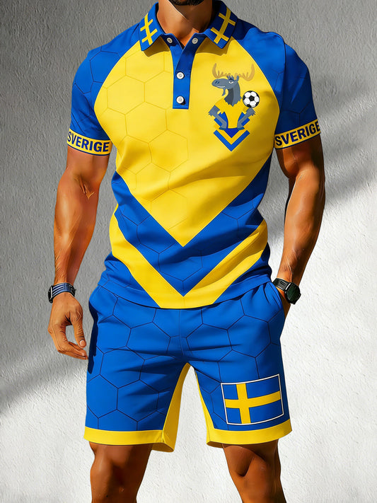 Herresett med polokragegenser og shorts for en svensk fotballkamp, til jubel