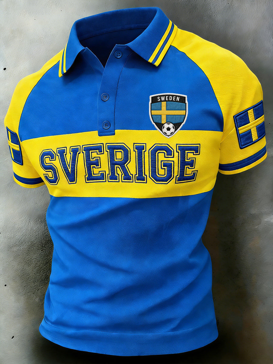 Herrpolotröja med fotbollstema, färgblockad design och raglanärmar