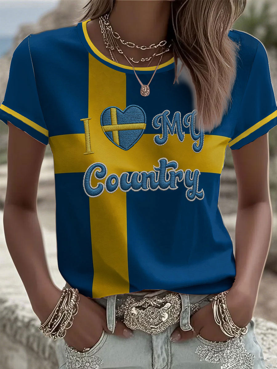 Kvinnors kärlek till mitt land Sverige t-shirt med korta ärmar