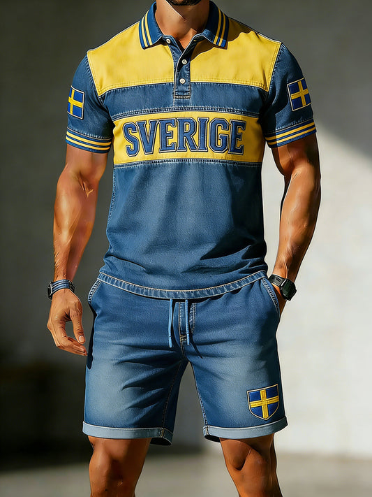 Herresett bestående av denimpolo med fargeblokket mønstertrykk og shorts
