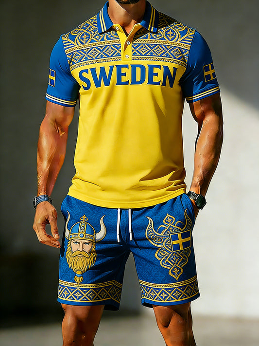 Herresett med vikingtema, trykt kortermet t-skjorte og shorts