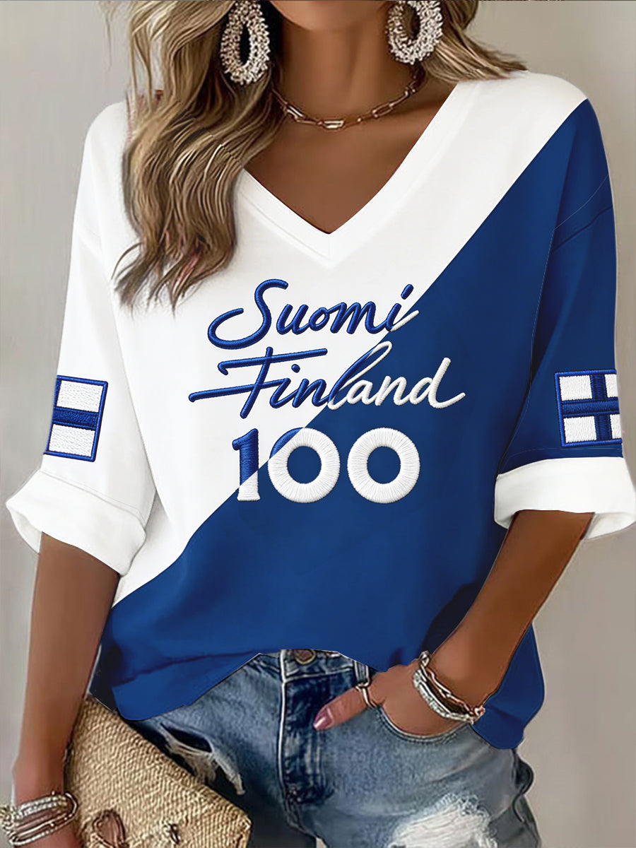Kvinnors finska Suomi Patchwork Skriv ut Casual V-hals Långärmad T-shirt