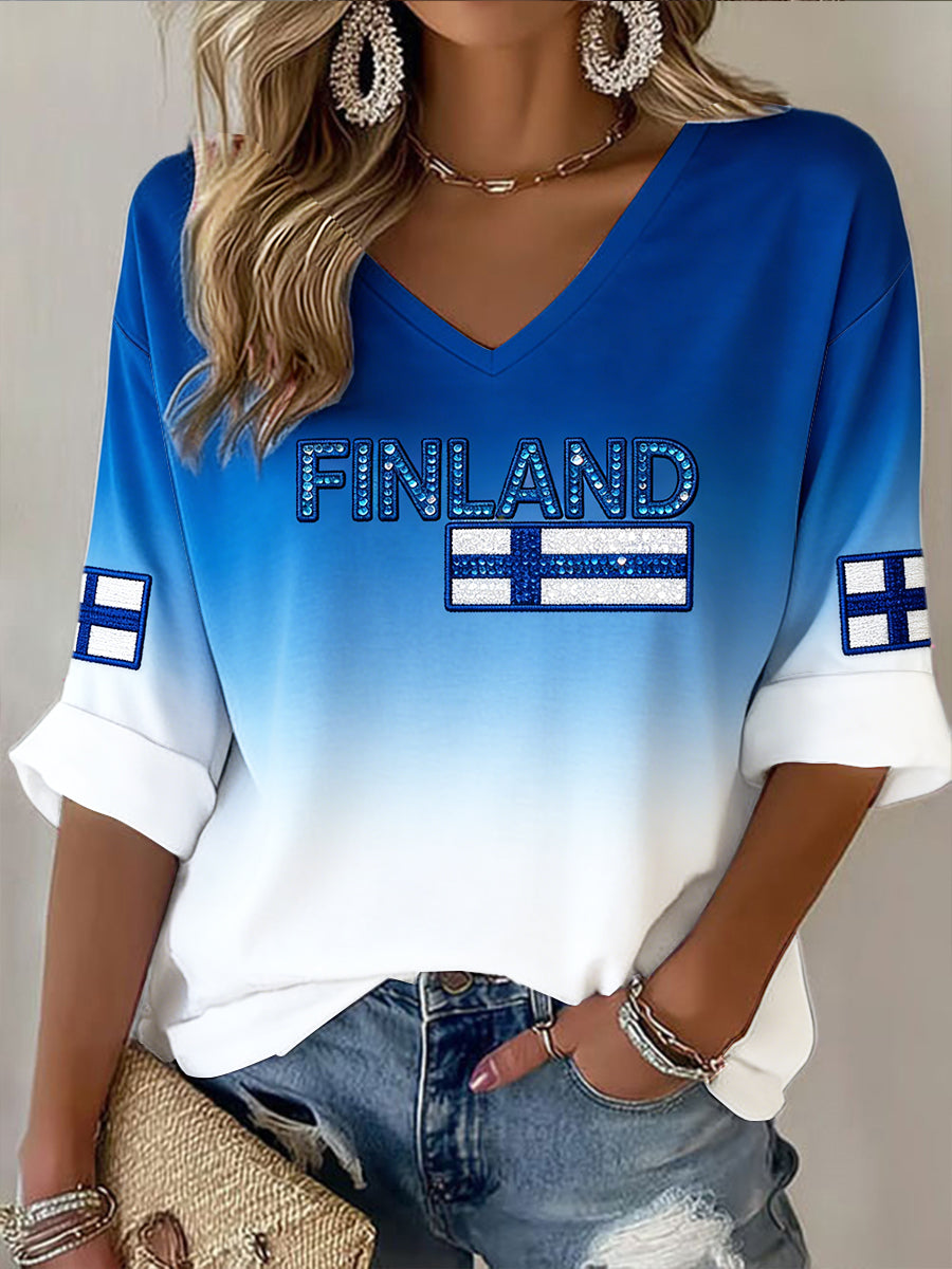 Kvinnors Finland Flagg Gradient Utskrift Casual V-hals Långärmad T-shirt