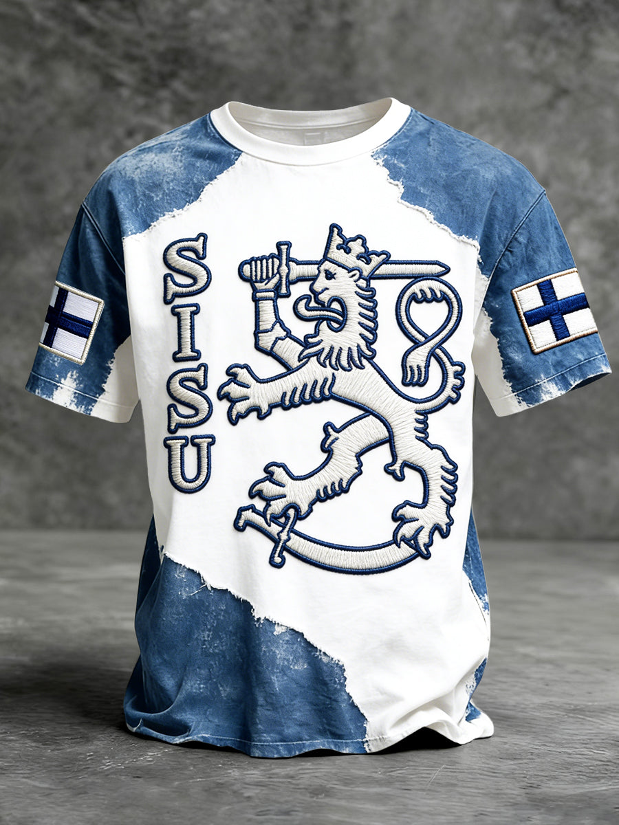 Mäns finska Sisu Vintage Patchwork Print Casual T-shirt