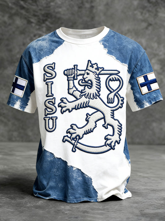 Herre finsk Sisu Vintage Patchwork Print Casual T-skjorte