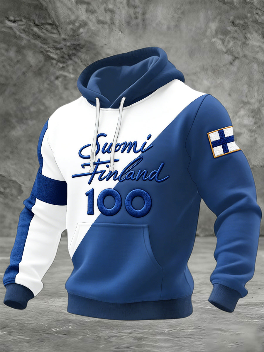 Mäns finska flagga ”Suomi” Patchwork Print Casual Hooded Sweatshirt