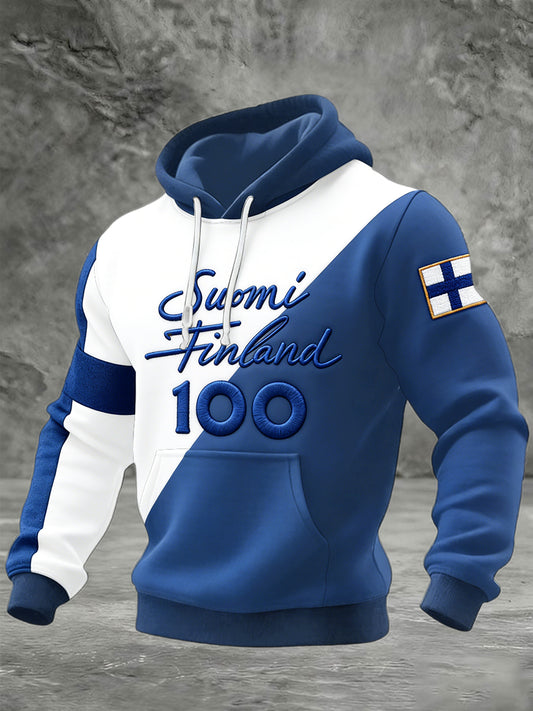 Herre finsk flagg "Suomi" lappetrykk uformell hettegenser