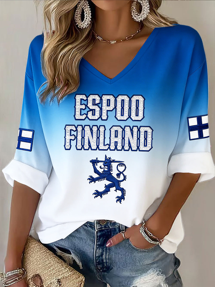 Kvinnors Finland Flagg Gradient 3D Skriv ut Casual V-hals Långärmad T-shirt