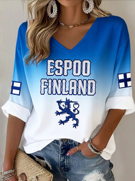 Dame Finland Flagg Gradient 3D-print Uformell V-hals Langermet T-skjorte