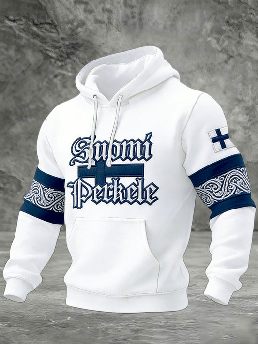 Mäns Vita Finland Flagg "Suomi" Patchwork Print Casual Hooded Sweatshirt