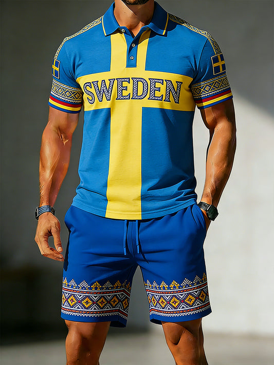 Herresett med kortermet poloskjorte og shorts, med broderi og kontrastdetaljer