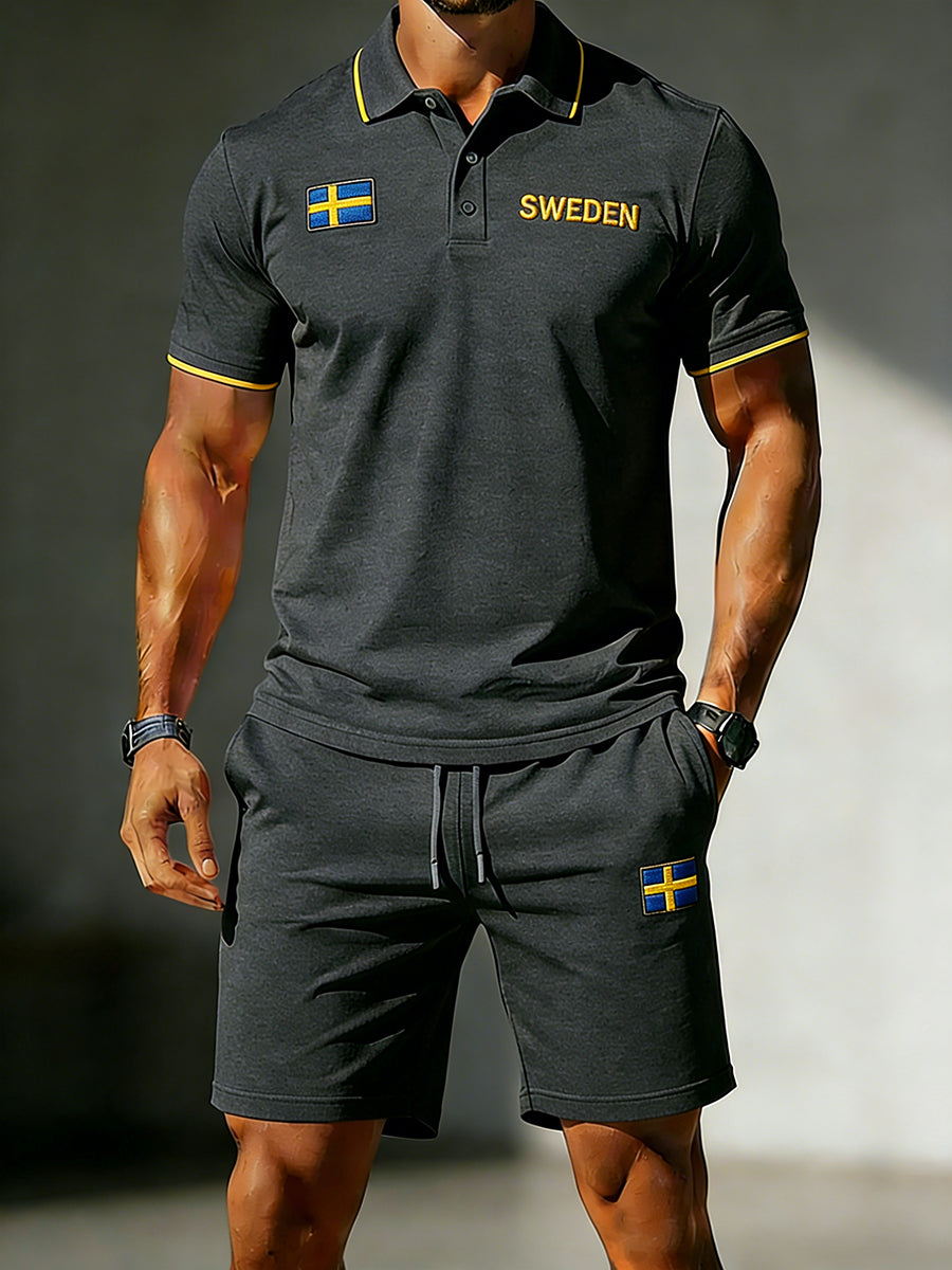 Mäns kortärm Polo & Shorts Set med broderade blommor accents