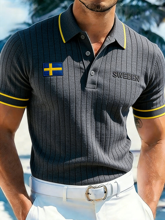 Herre strikket Polo genser med broderte blomstermotiver