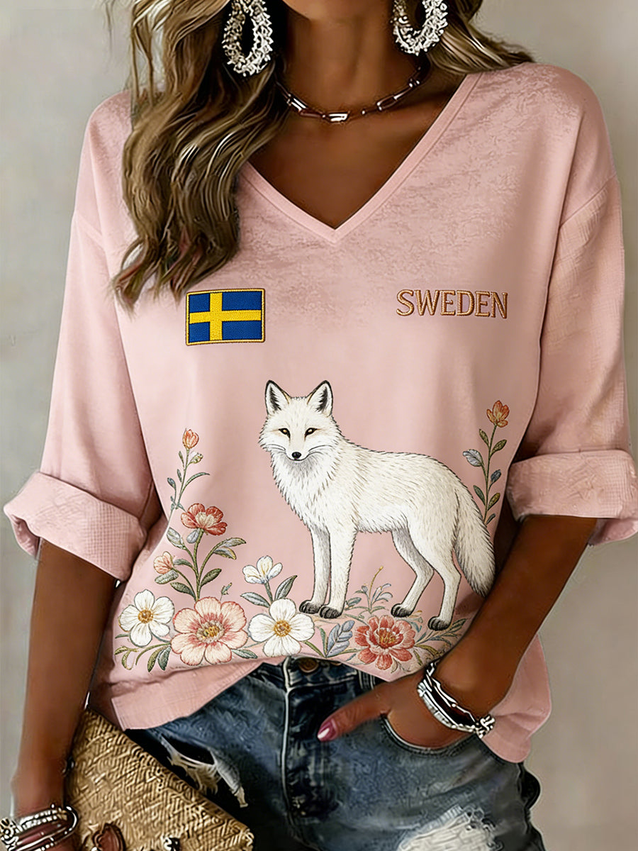 Kvinnors V-hals topp med blommiga och djur Motifs