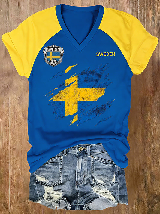 Dame V-hals Raglan T-skjorte med fotballinspirert fargeblokkering
