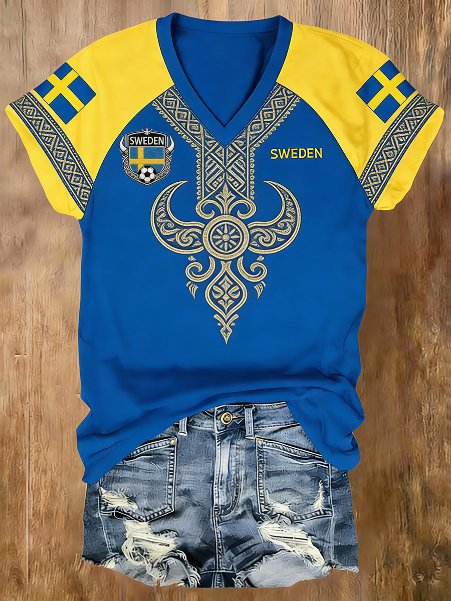 Dammtröja med V-ringning och raglanärmar, inspirerad av fotboll med färgblockering