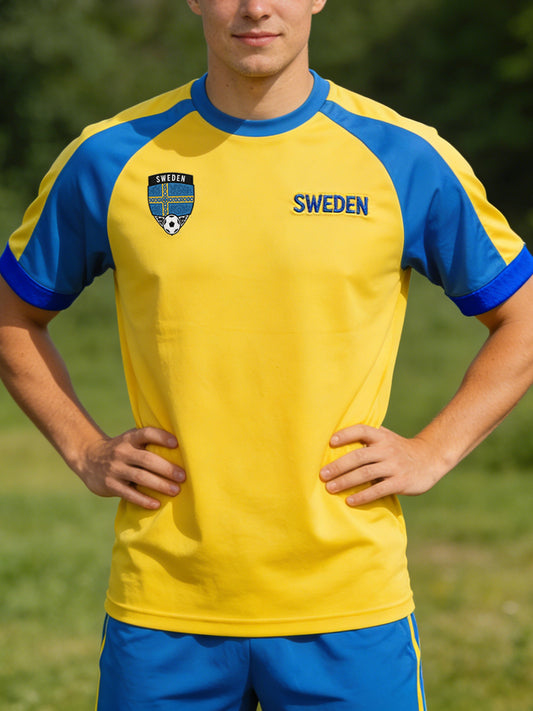 Herregenser med raglanerm og fargeblokkering med fotballtema