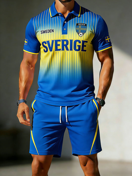 Herresett med kortermet polo og shorts, med fotballelementer og overgangsfarger