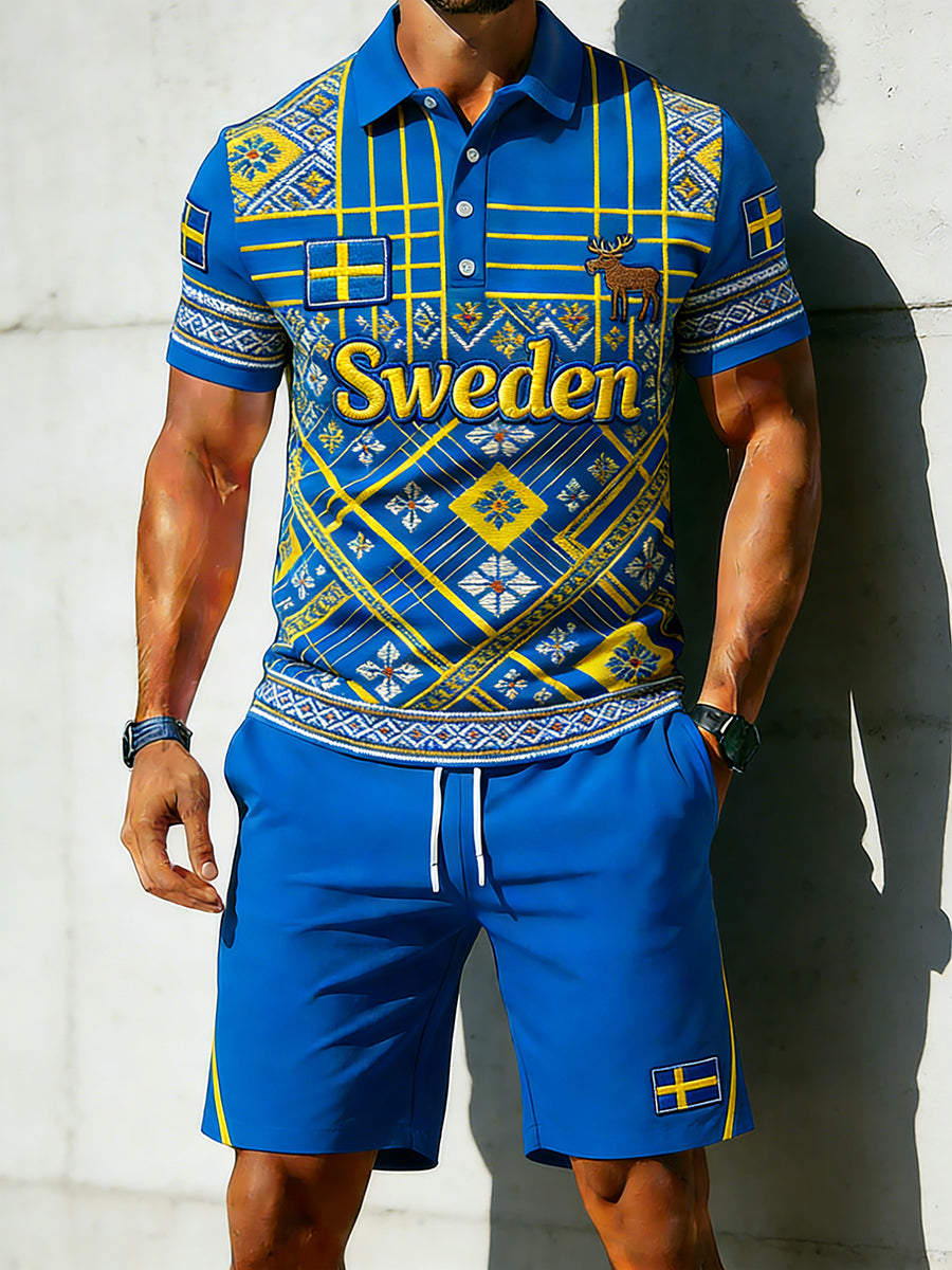 Mäns kortärm Polo & Shorts Set med broderier och kontraster