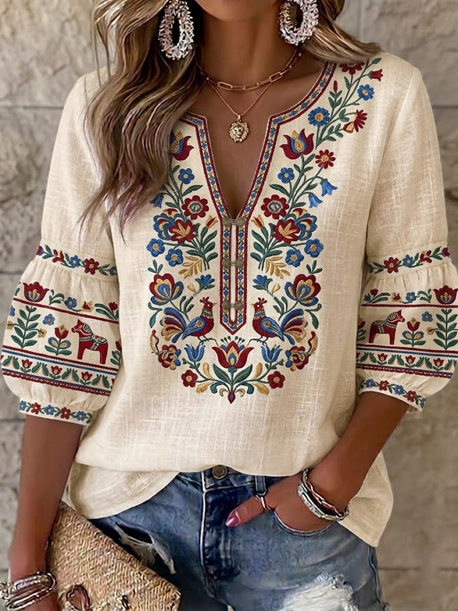 Kvinnor Retro Svenska midsommar Folk Floral Bomull-Linen Blus