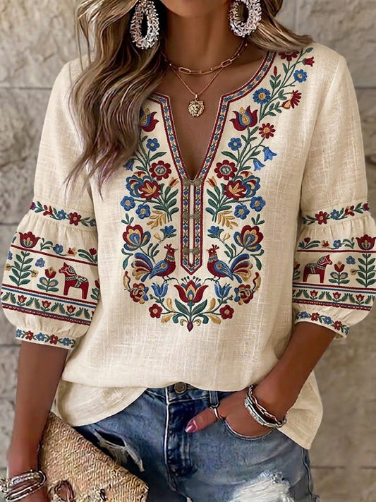 Kvinner Retro Svensk midtsommer Folk Floral Bomull-lin Bluse
