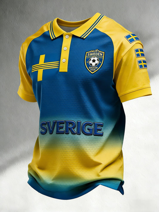 Retro svensk fotballflagg-emblem uformell pique-skjorte med korte ermer
